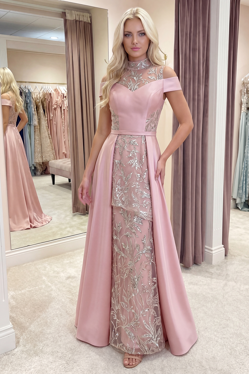 Sparkly Pink Long A Line Beaded Gala Dress with Sleeves