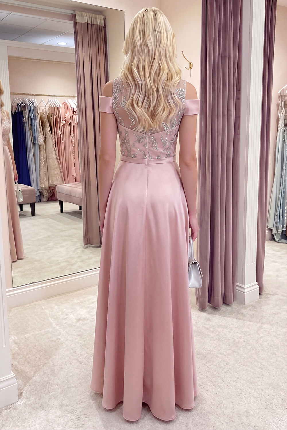 Sparkly Pink Long A Line Beaded Gala Dress with Sleeves
