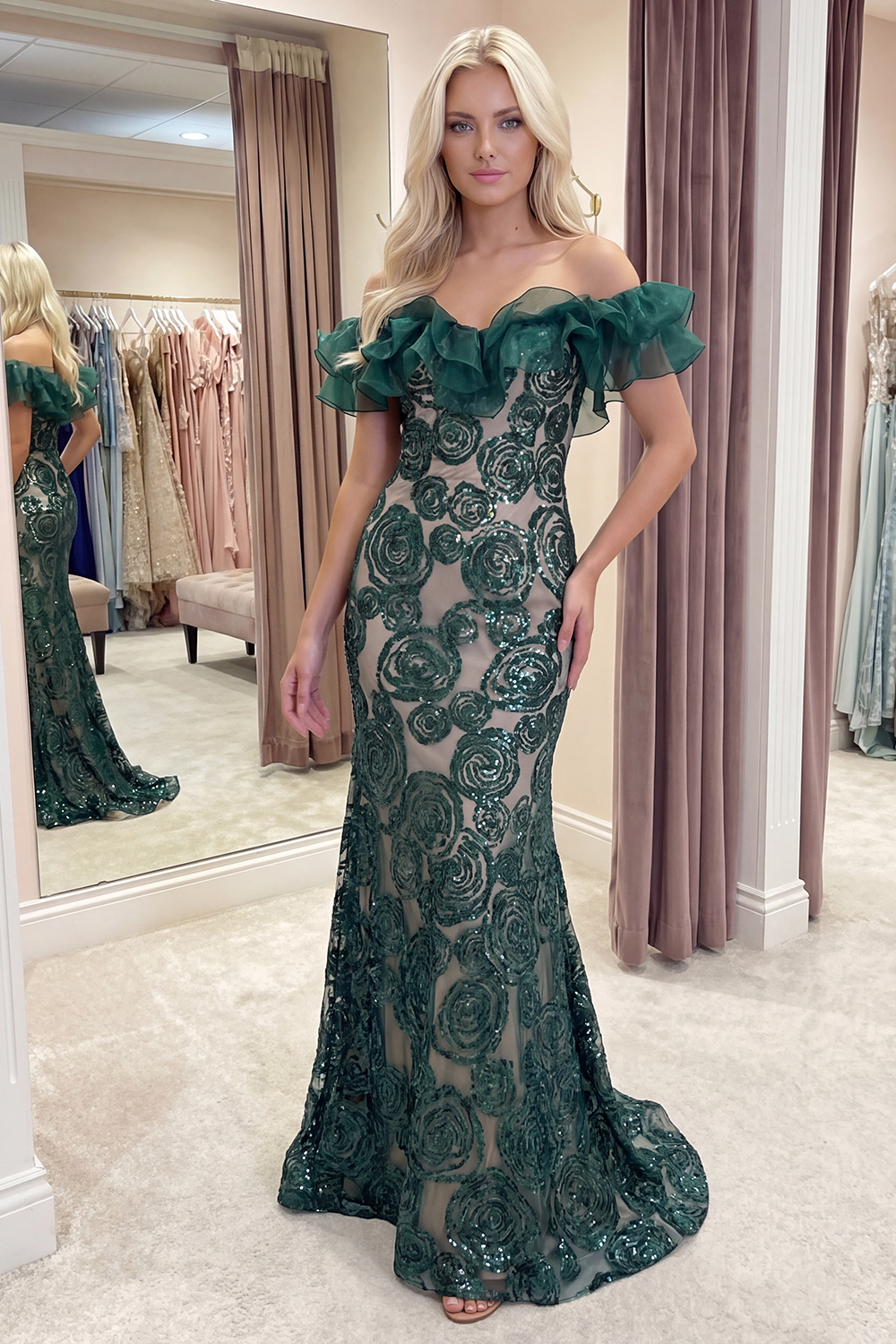 Sparkly Dark Green Long Beaded Mermaid Evening Dress with Ruffles