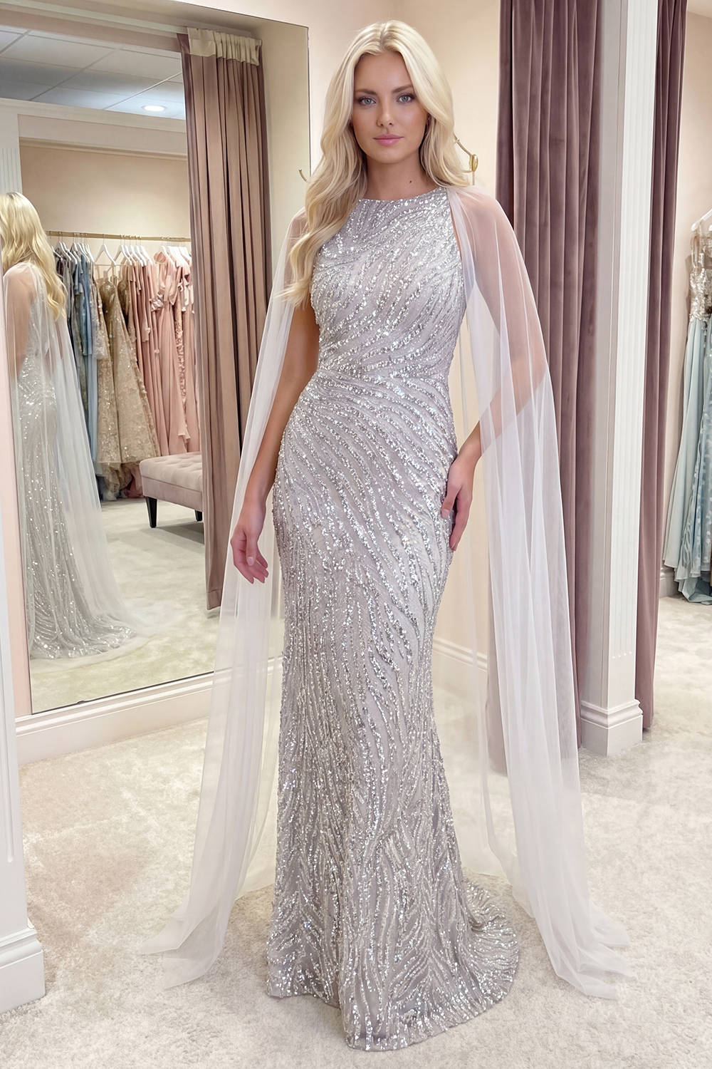 Sparkly Ivory Sequins Long Boat Neck Mermaid Gala Dress with Cape