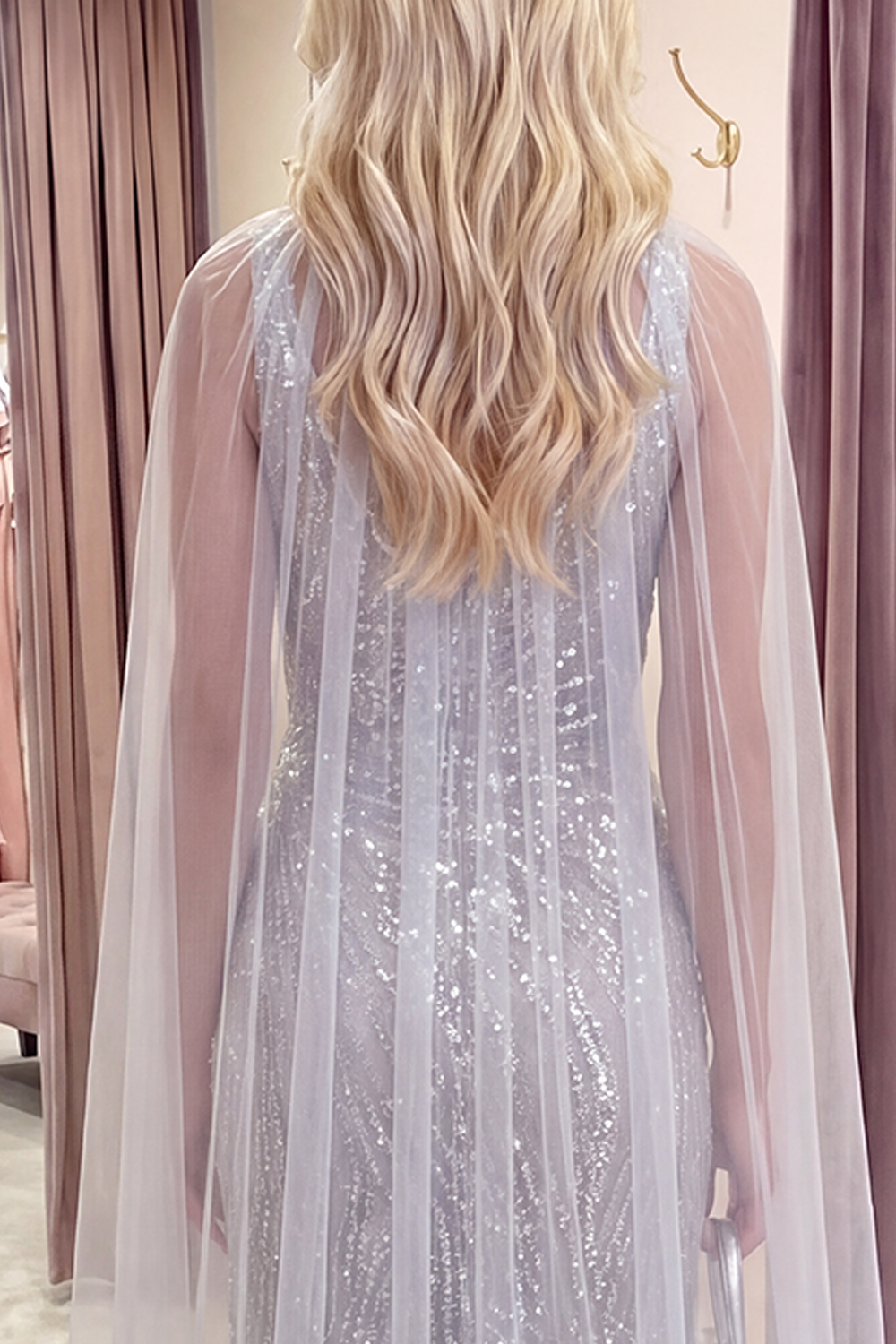 Sparkly Ivory Sequins Long Boat Neck Mermaid Gala Dress with Cape