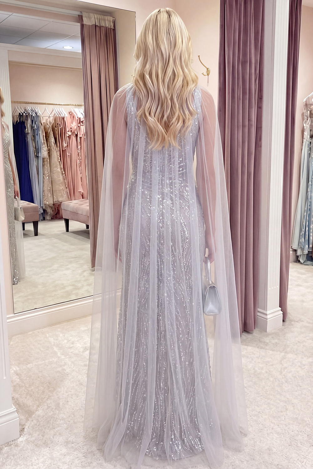 Sparkly Ivory Sequins Long Boat Neck Mermaid Gala Dress with Cape