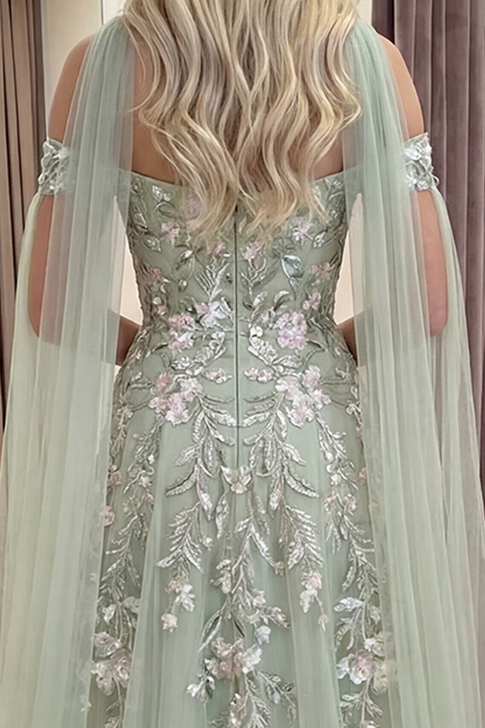 A Line Floral Dusty Sage Neck Scarf Long Prom Dress with Slit