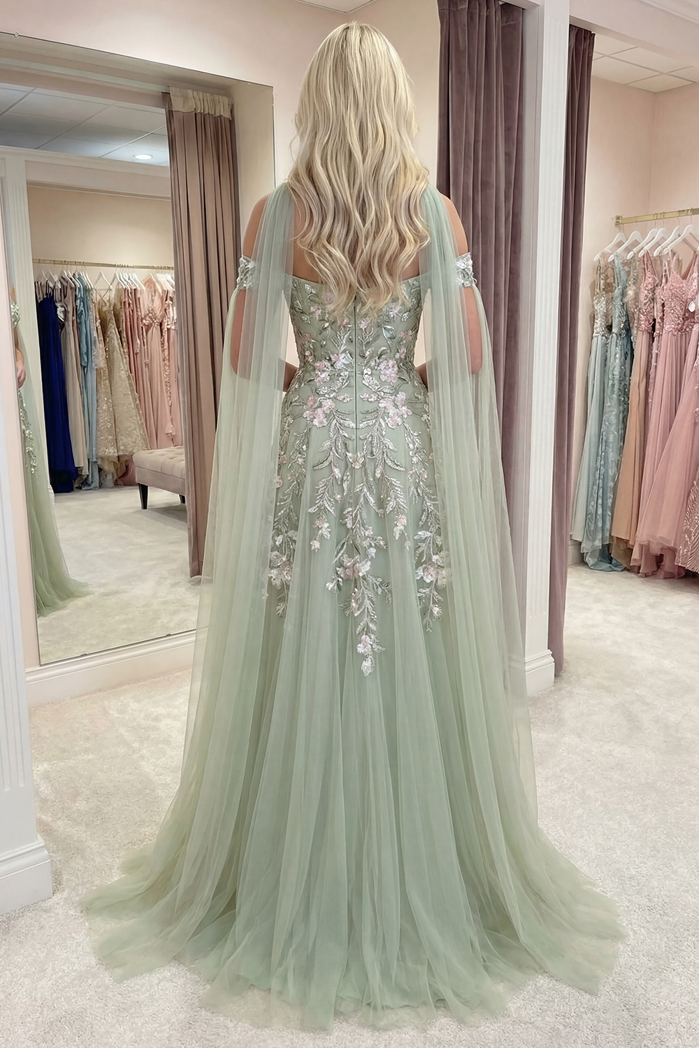 A Line Floral Dusty Sage Neck Scarf Long Prom Dress with Slit