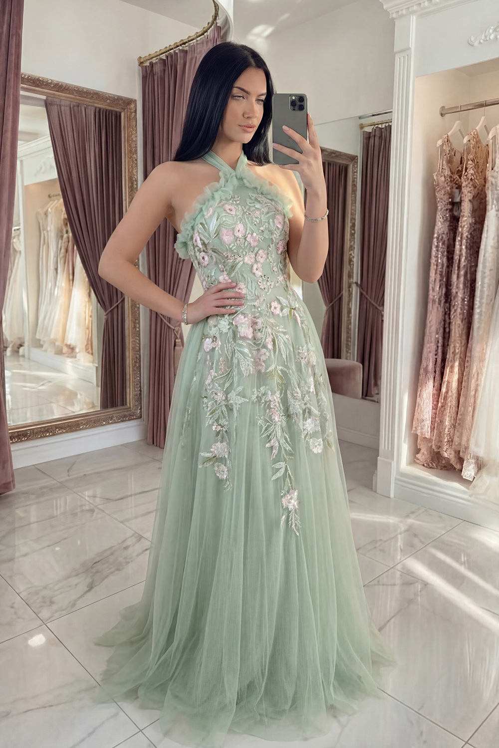 Dusty Sage Floral Halter Long A Line Prom Dress with Bow