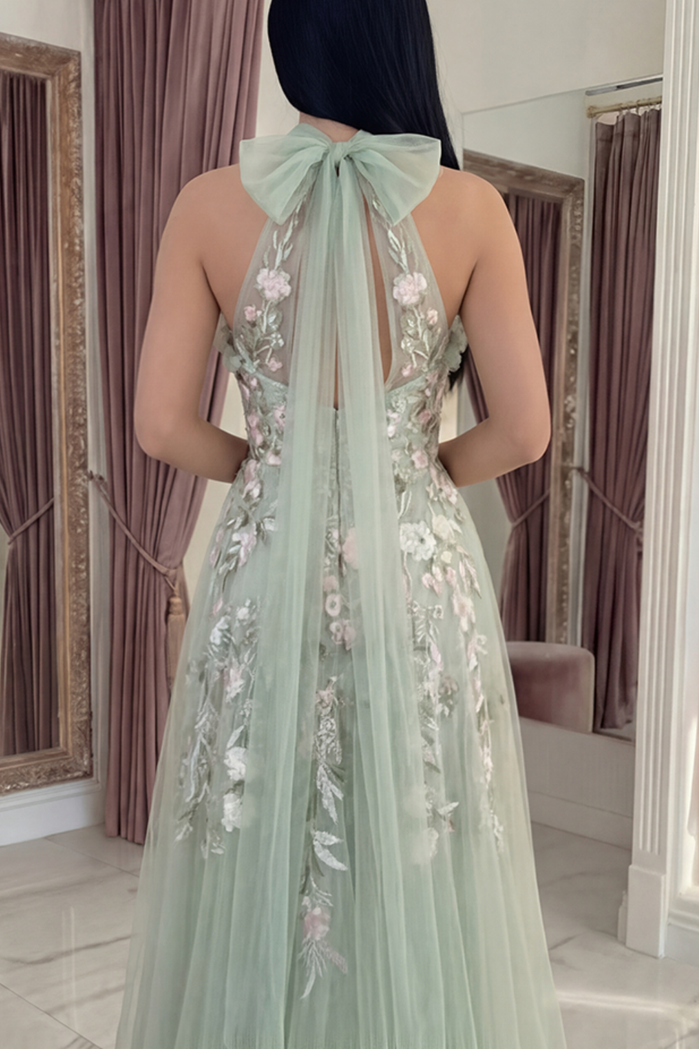 Dusty Sage Floral Halter Long A Line Prom Dress with Bow