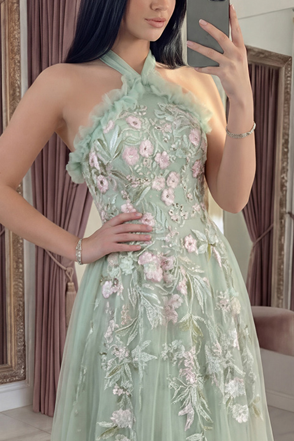 Dusty Sage Floral Halter Long A Line Prom Dress with Bow