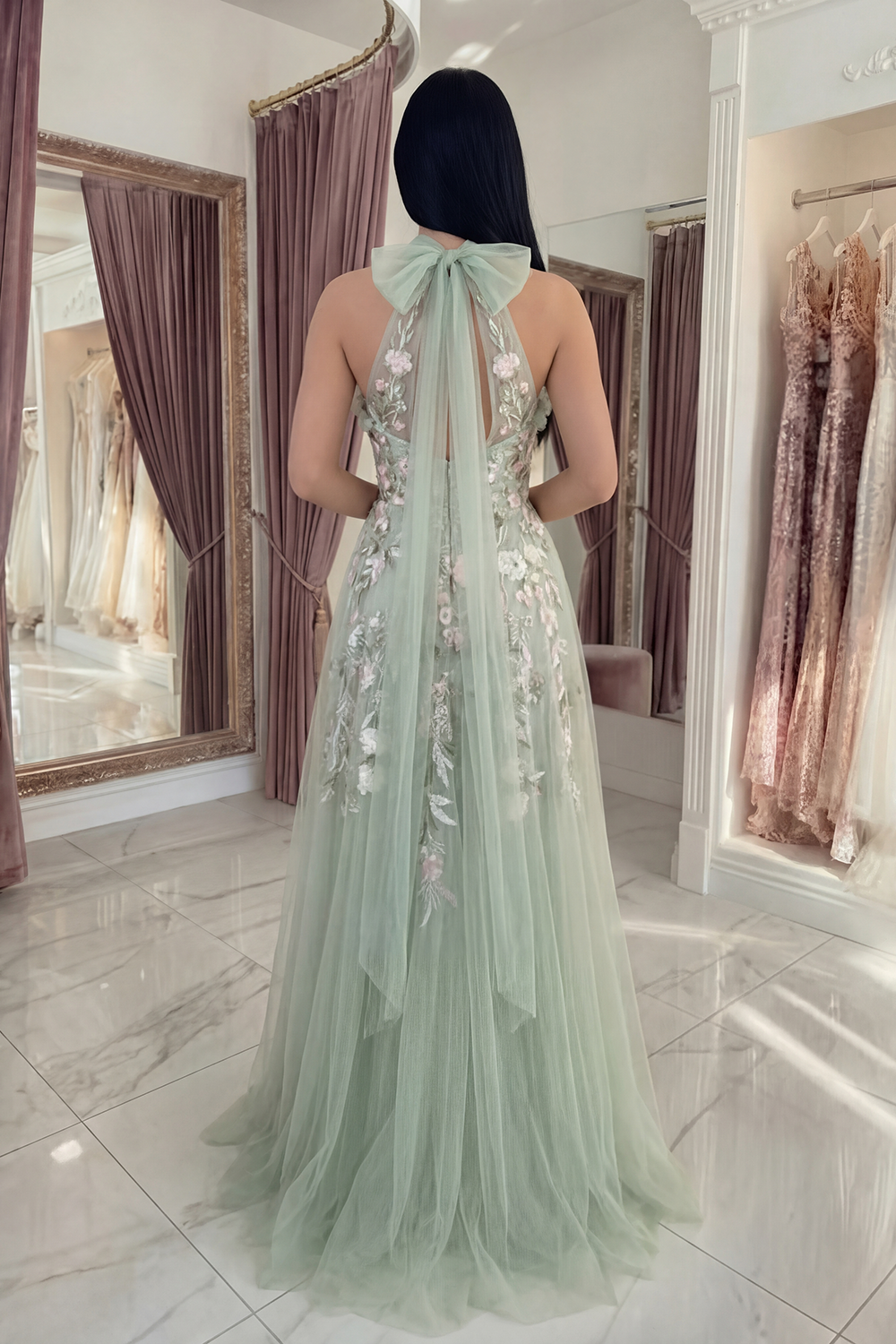 Dusty Sage Floral Halter Long A Line Prom Dress with Bow
