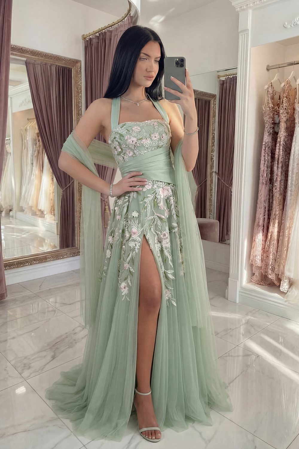 Halter Ruched A Line Floral Dusty Sage Long Prom Dress with Shawl