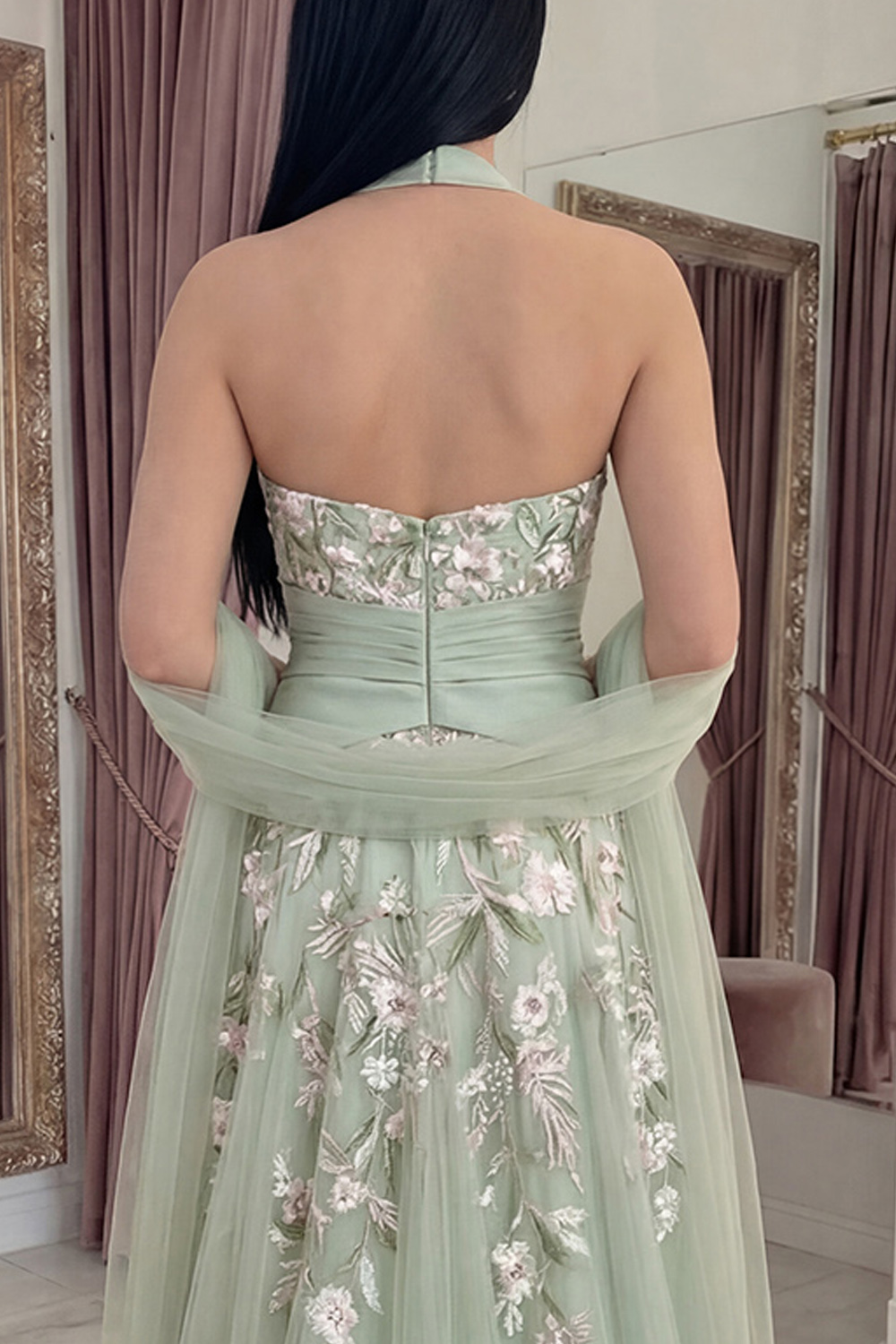 Halter Ruched A Line Floral Dusty Sage Long Prom Dress with Shawl