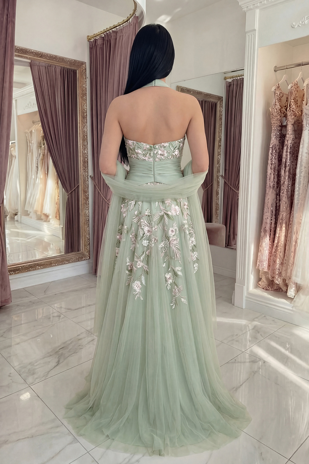 Halter Ruched A Line Floral Dusty Sage Long Prom Dress with Shawl