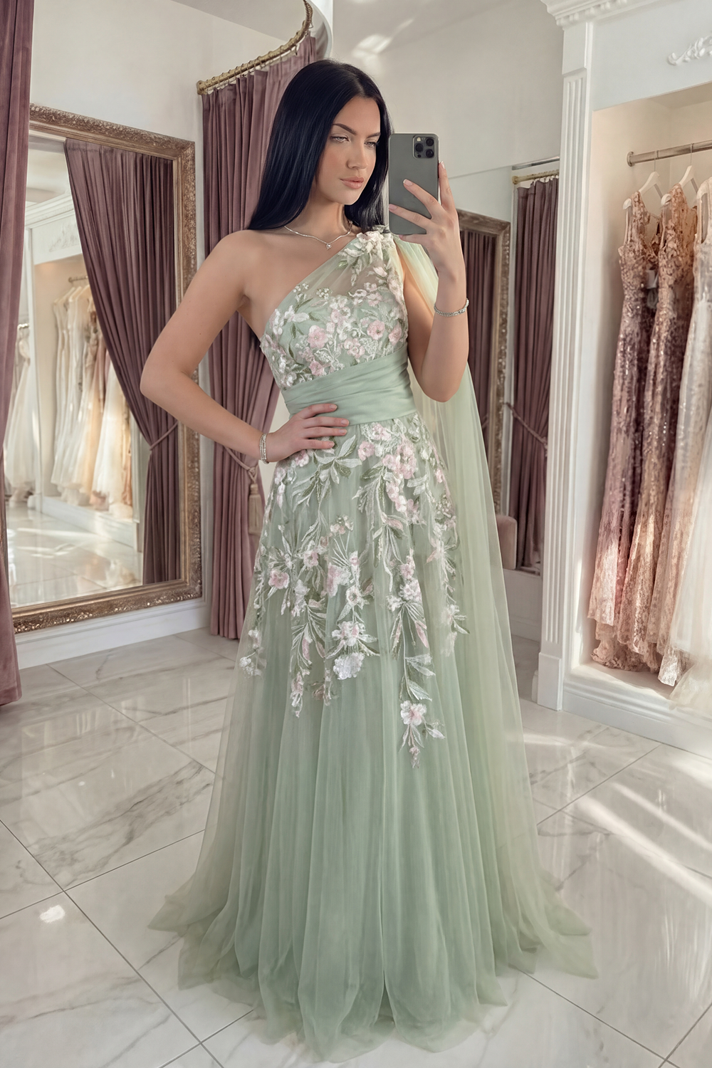 Floral Dusty Sage Ruched Long A Line Prom Dress with Side Cape
