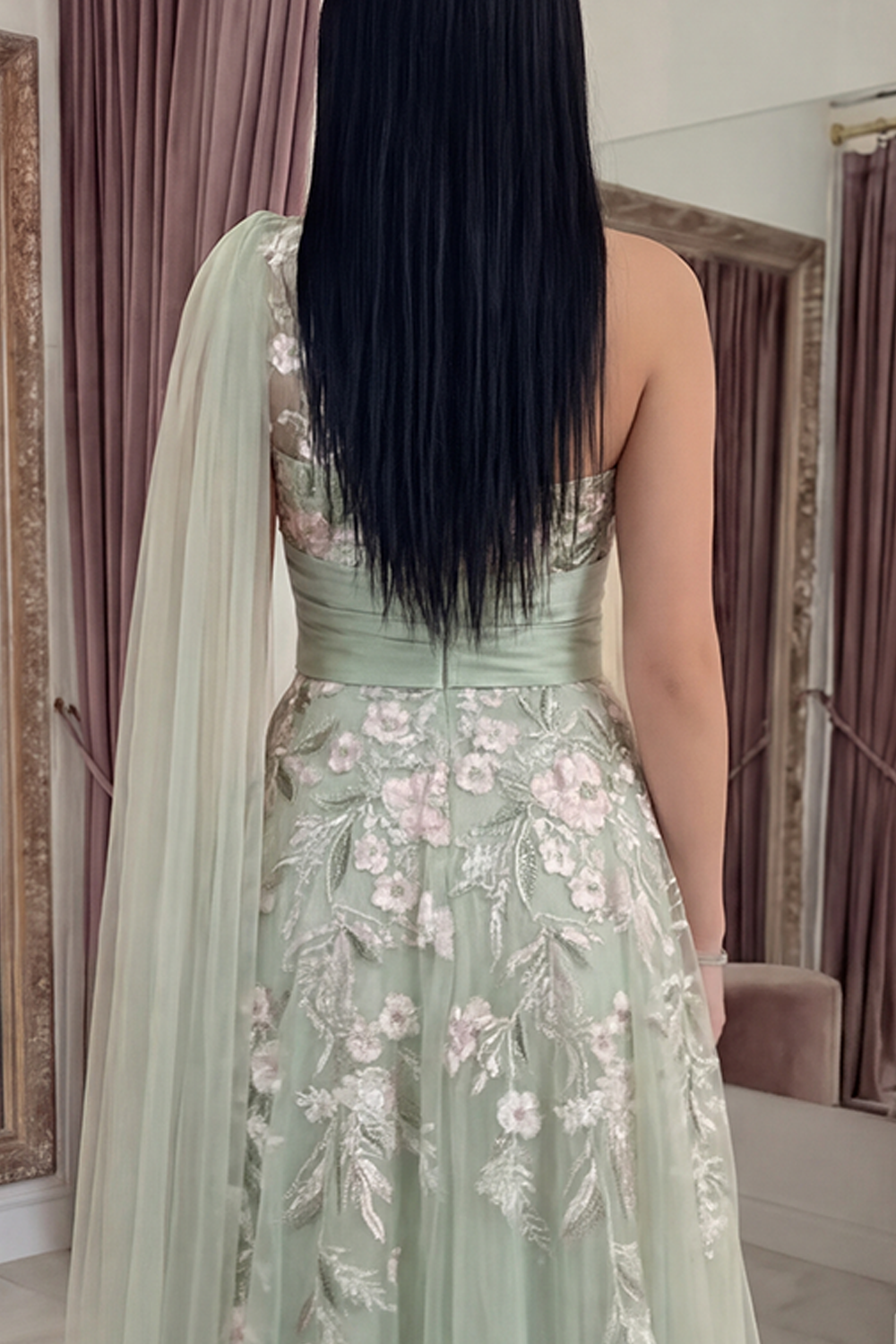 Floral Dusty Sage Ruched Long A Line Prom Dress with Side Cape