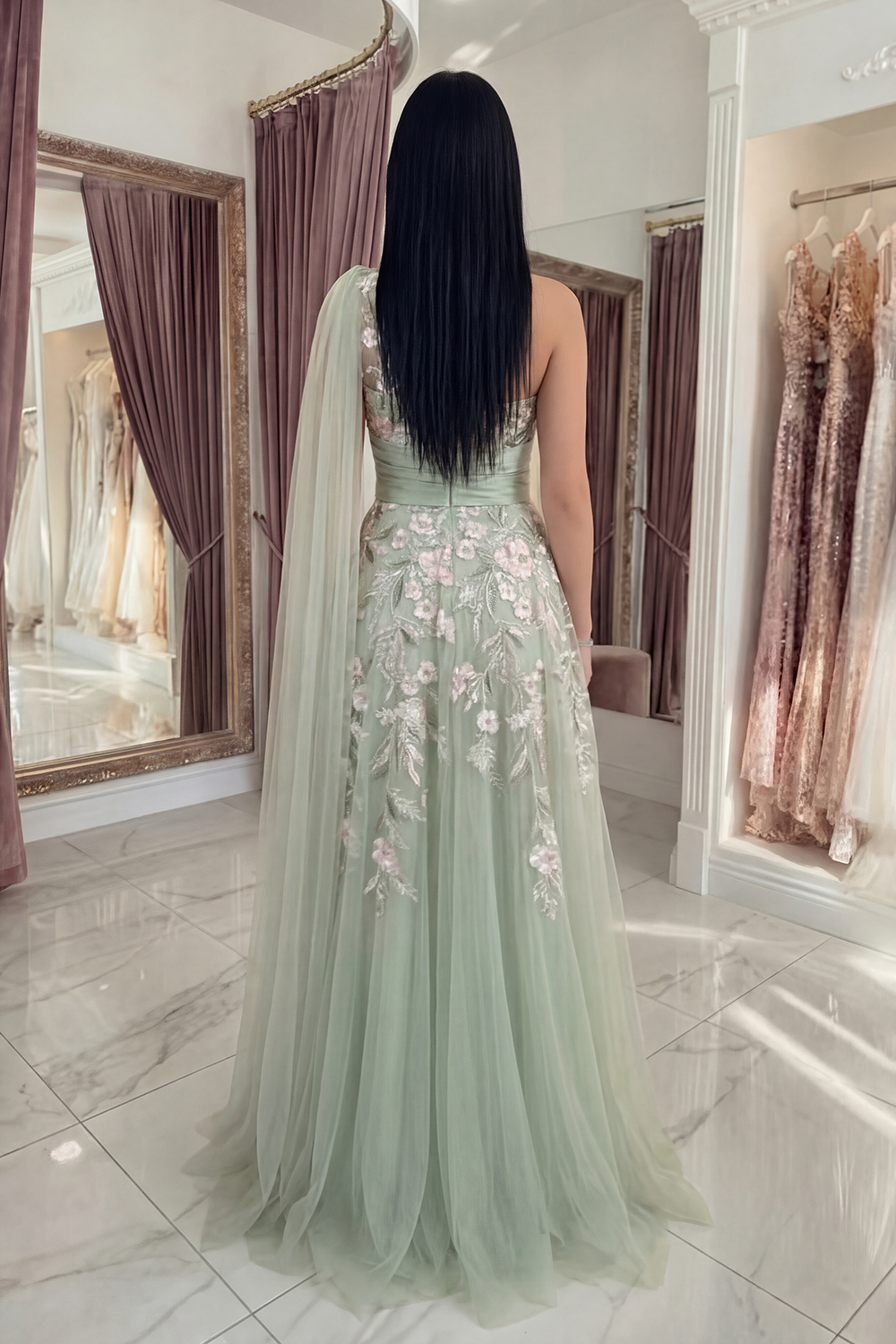 Floral Dusty Sage Ruched Long A Line Prom Dress with Side Cape