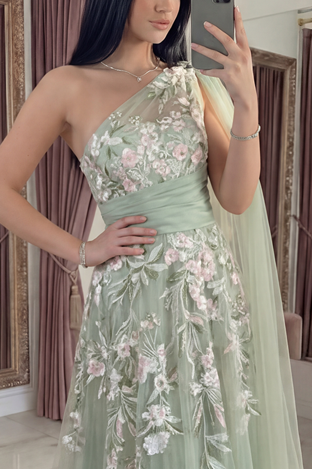 Floral Dusty Sage Ruched Long A Line Prom Dress with Side Cape