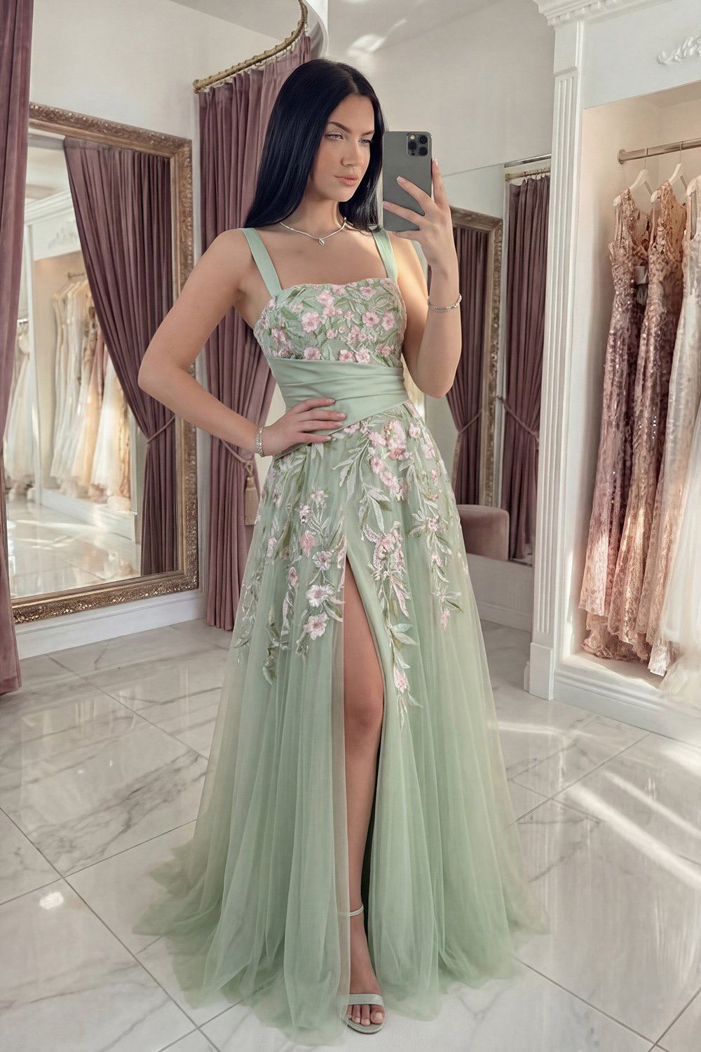 Dusty Sage Ruched A Line Floral Square Neck Long Prom Dress with Slit