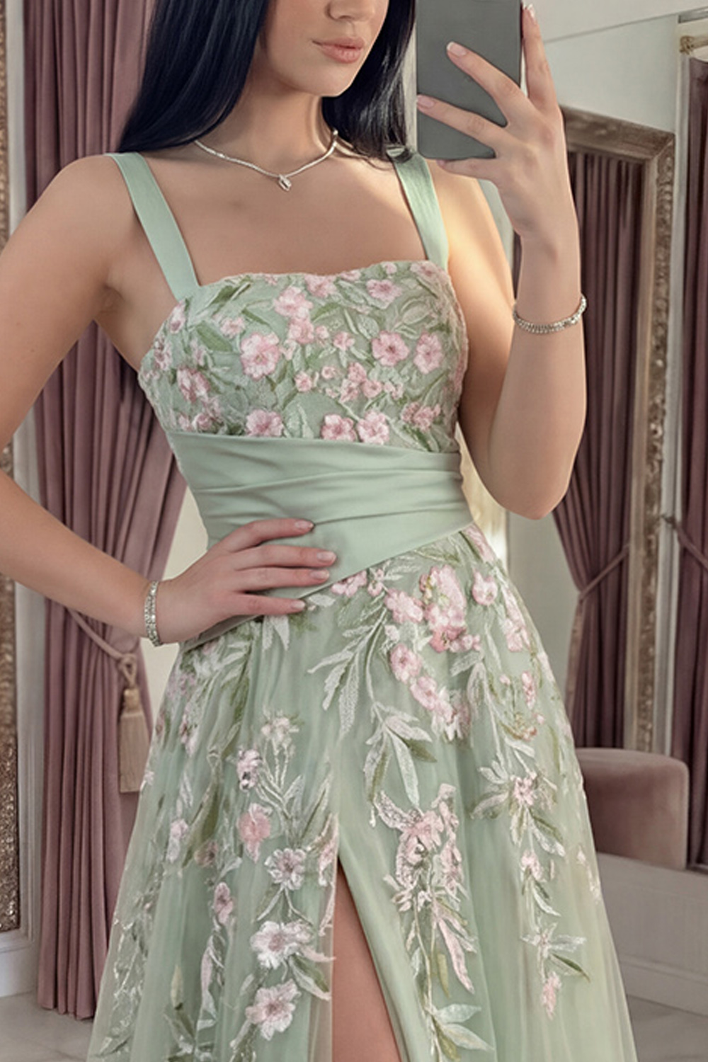 Dusty Sage Ruched A Line Floral Square Neck Long Prom Dress with Slit