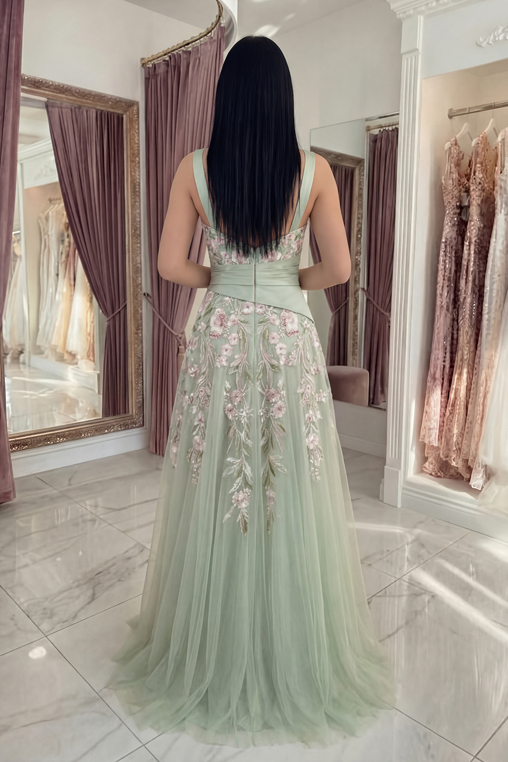 Dusty Sage Ruched A Line Floral Square Neck Long Prom Dress with Slit