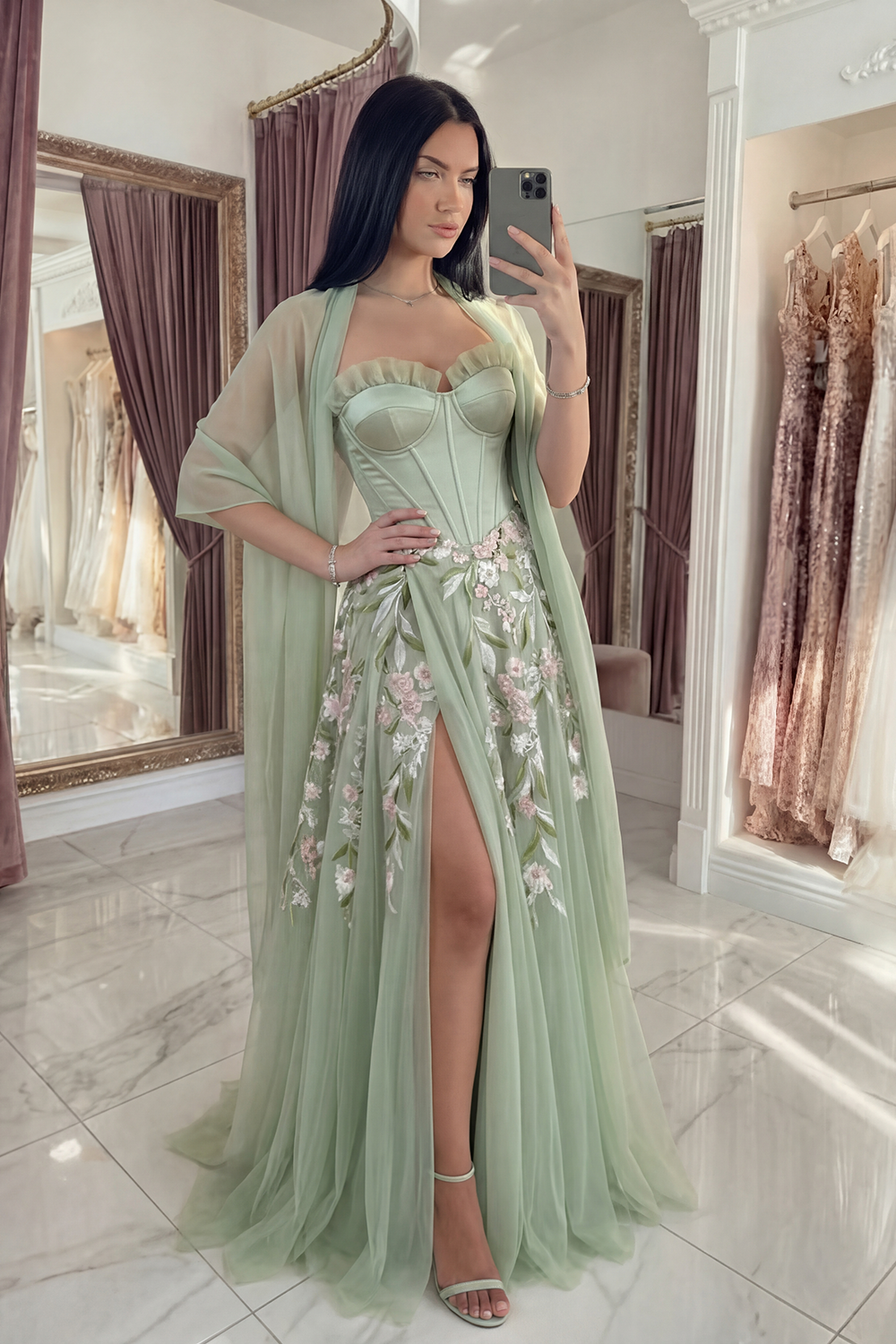 Dusty Sage Corset Ruffled Floral Long A Line Prom Dress with Shawl