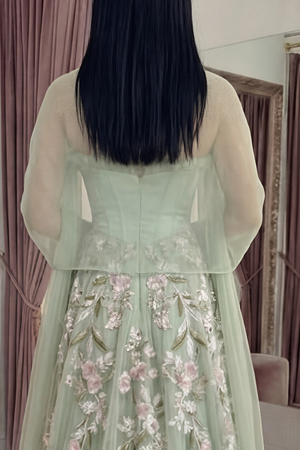 Dusty Sage Corset Ruffled Floral Long A Line Prom Dress with Shawl