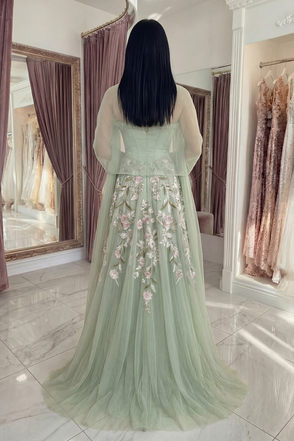 Dusty Sage Corset Ruffled Floral Long A Line Prom Dress with Shawl