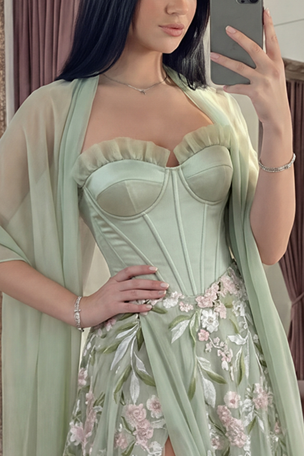 Dusty Sage Corset Ruffled Floral Long A Line Prom Dress with Shawl