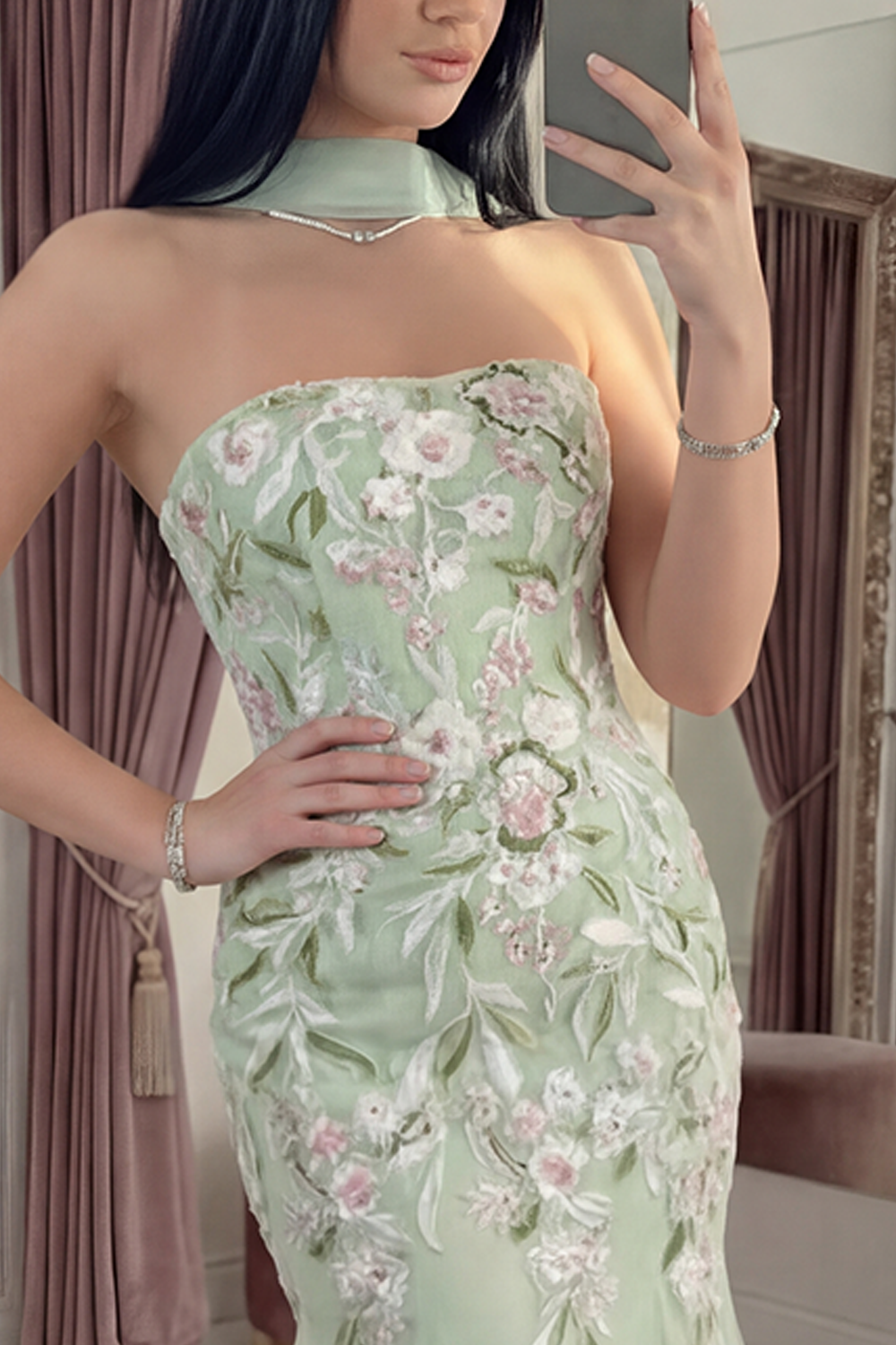 Mermaid Strapless Dusty Sage Neck Scarf Floral Long Prom Dress