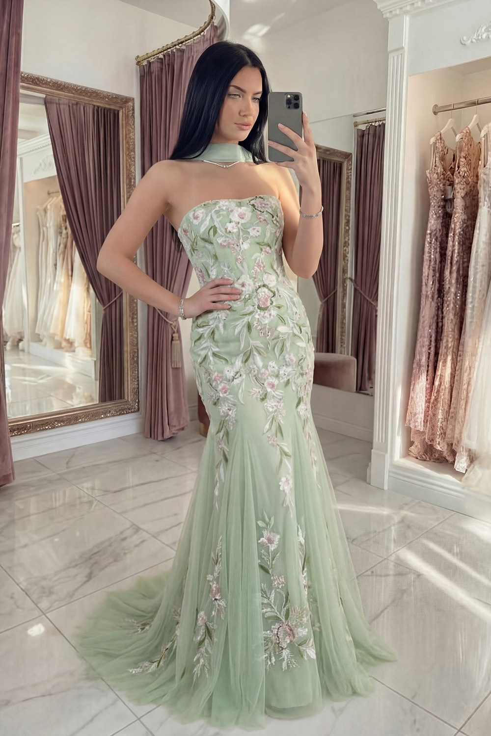 Mermaid Strapless Dusty Sage Neck Scarf Floral Long Prom Dress