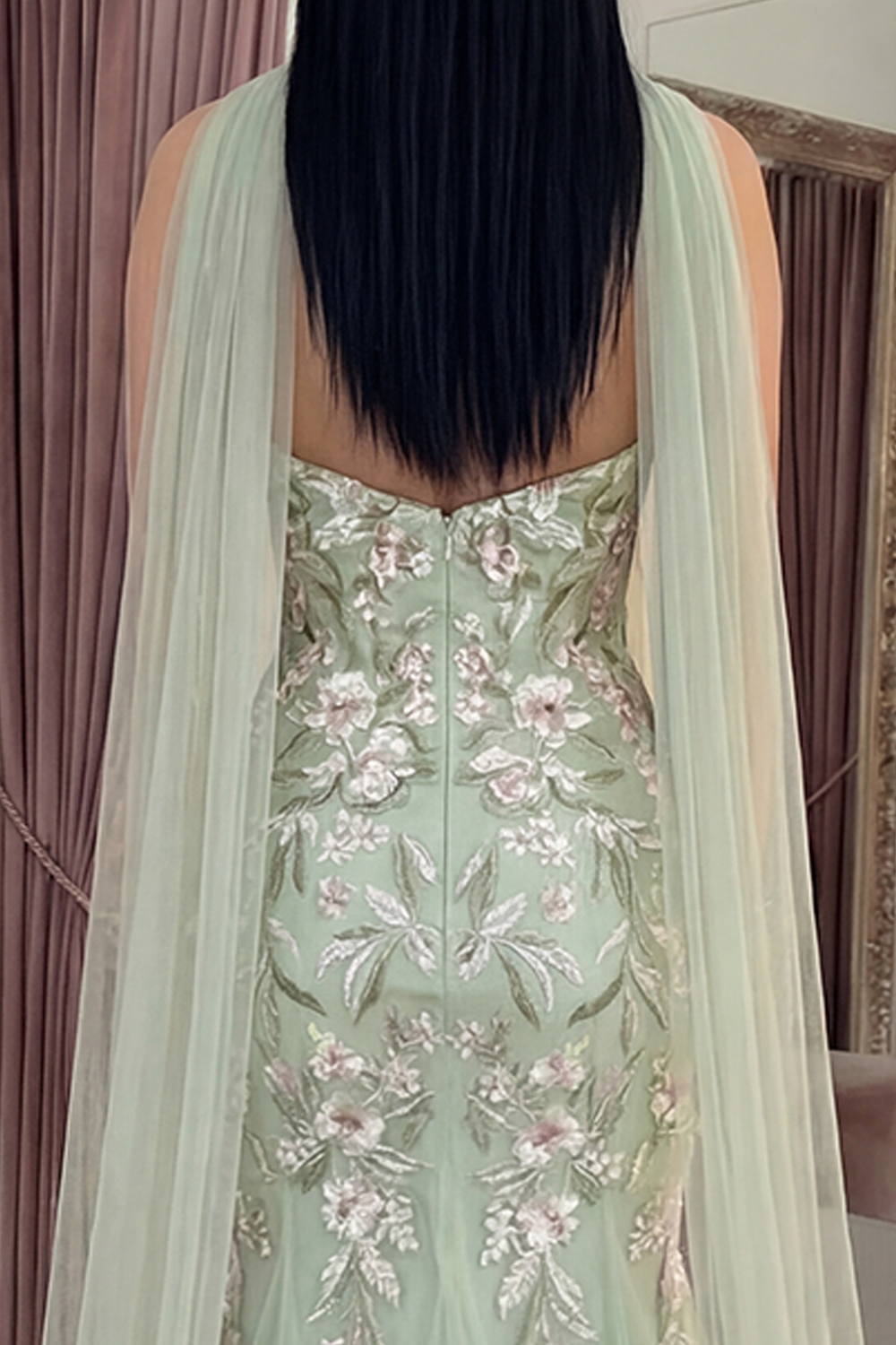 Mermaid Strapless Dusty Sage Neck Scarf Floral Long Prom Dress