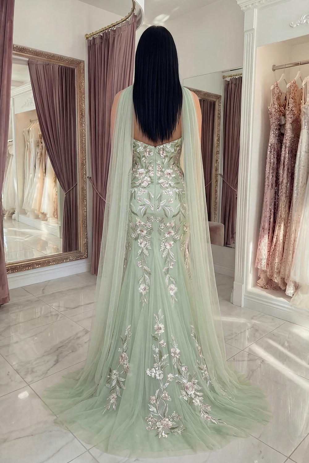 Mermaid Strapless Dusty Sage Neck Scarf Floral Long Prom Dress