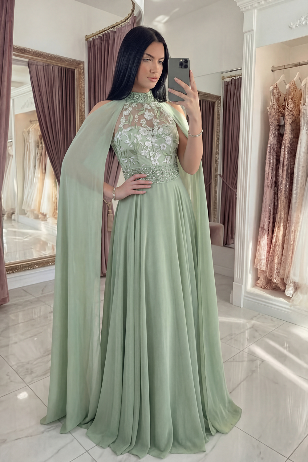 Sparkly Dusty Sage Beaded Floral High Neck Long A Line Prom Dress with Cape