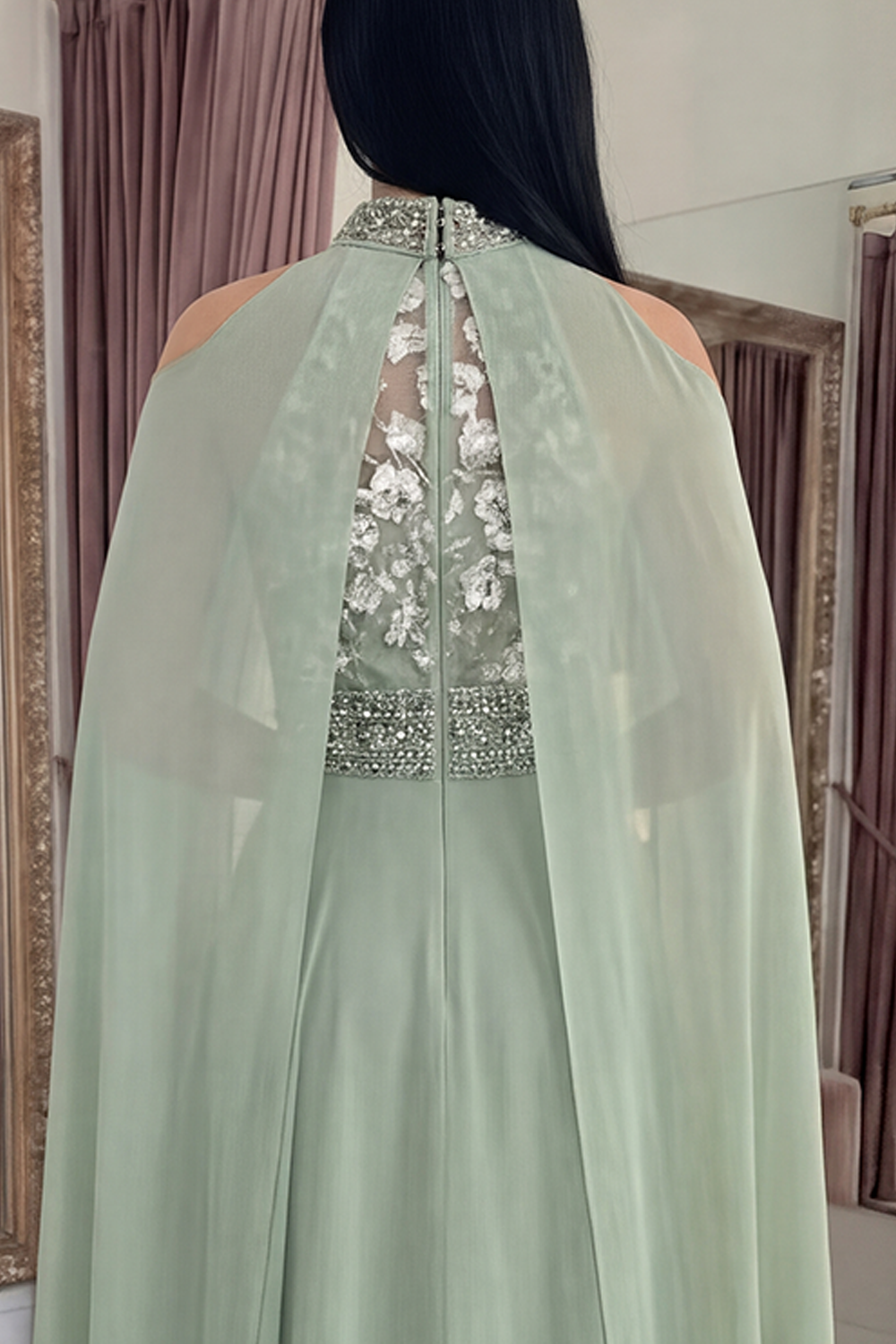 Sparkly Dusty Sage Beaded Floral High Neck Long A Line Prom Dress with Cape