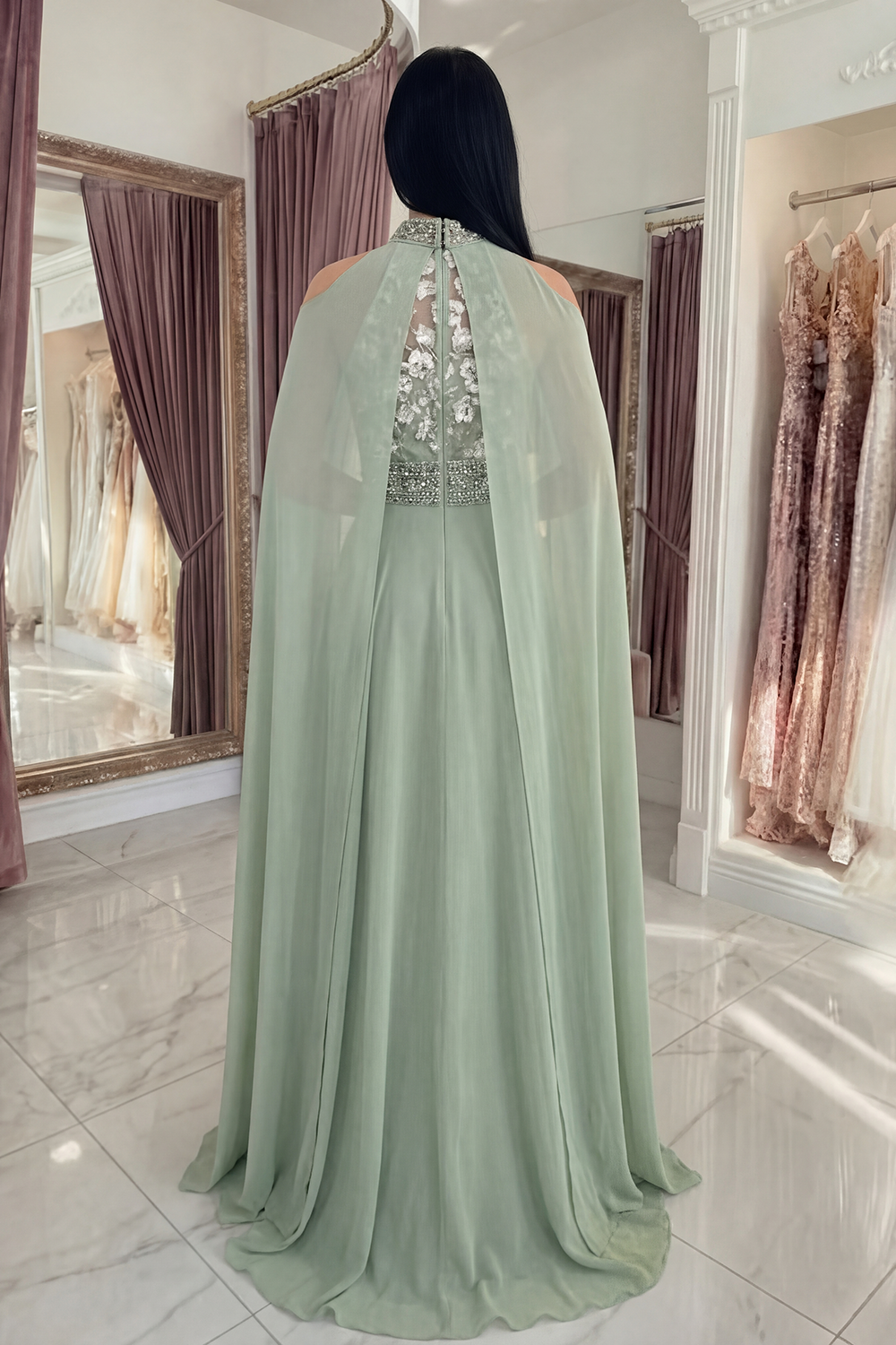 Sparkly Dusty Sage Beaded Floral High Neck Long A Line Prom Dress with Cape