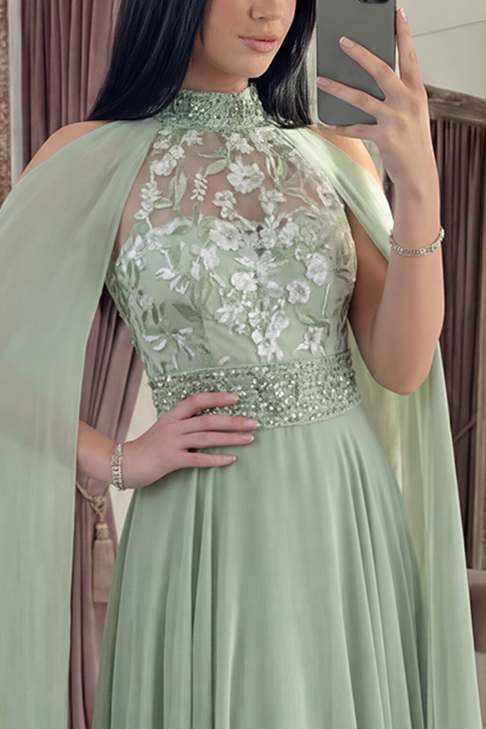 Sparkly Dusty Sage Beaded Floral High Neck Long A Line Prom Dress with Cape