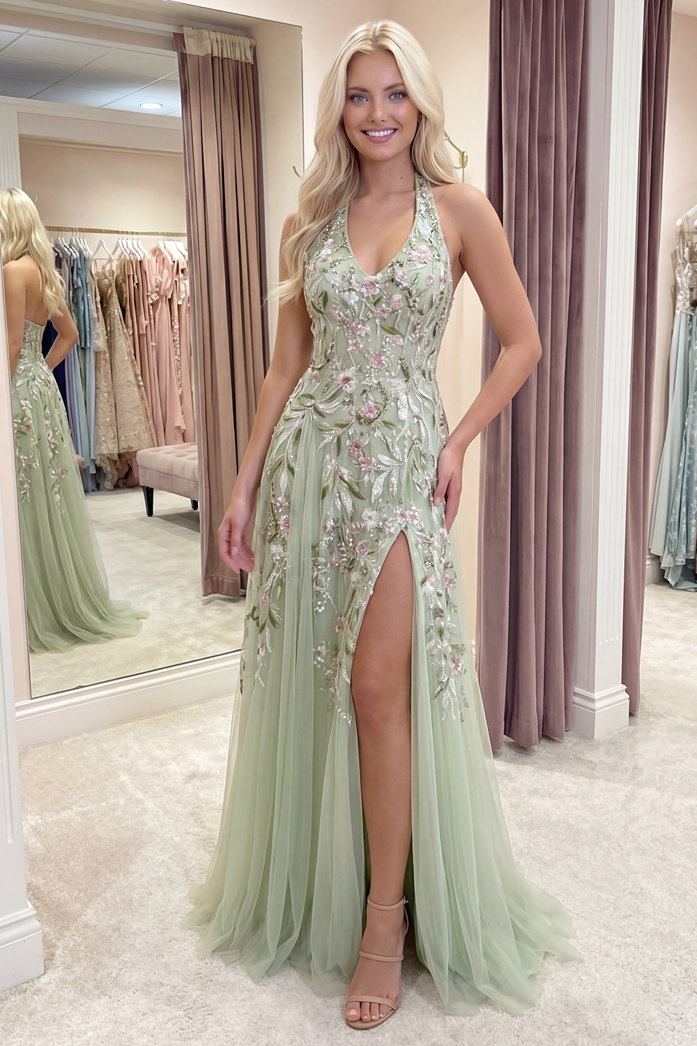 Dusty Sage Long Halter A Line Floral Prom Dress with Slit