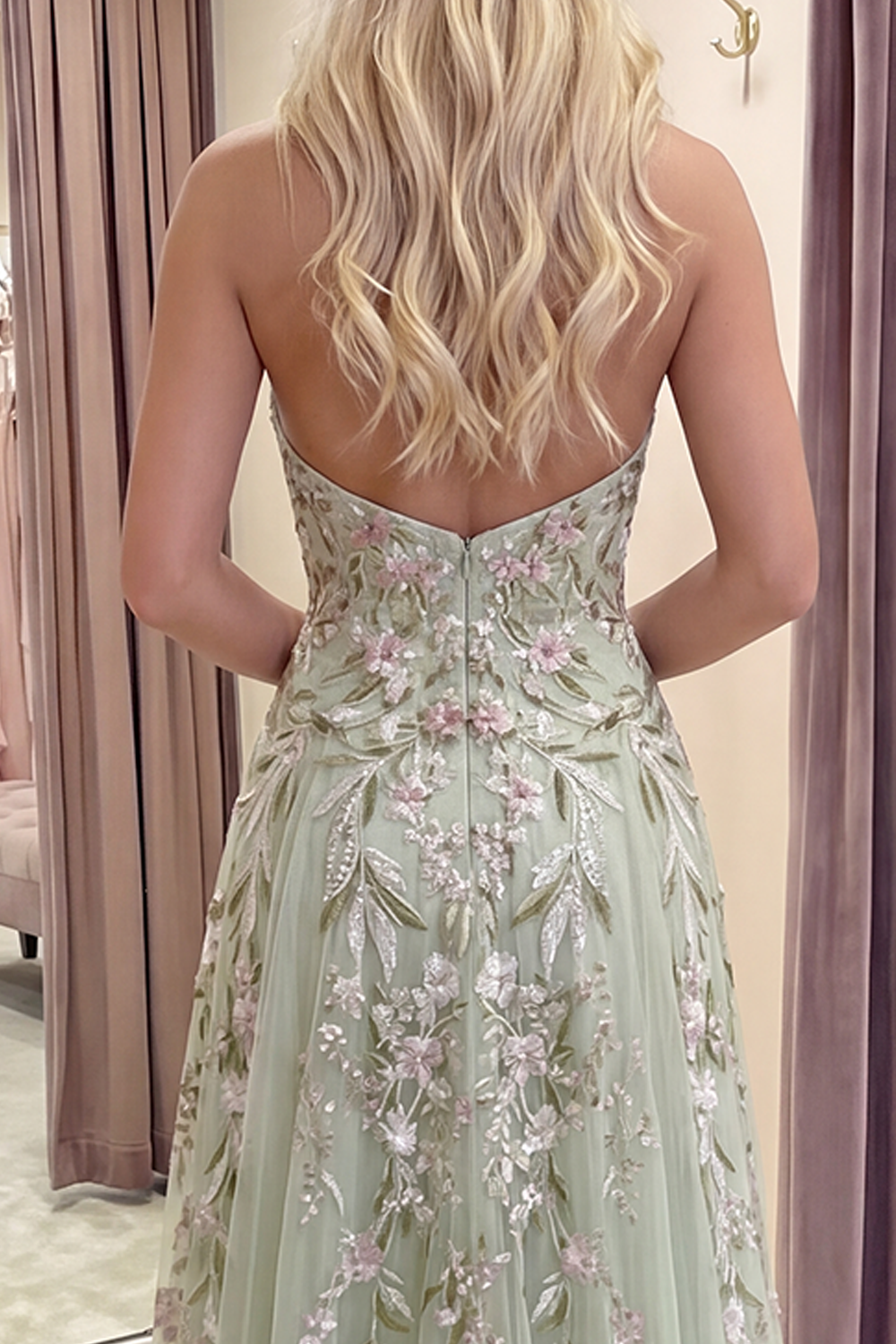 Dusty Sage Long Halter A Line Floral Prom Dress with Slit