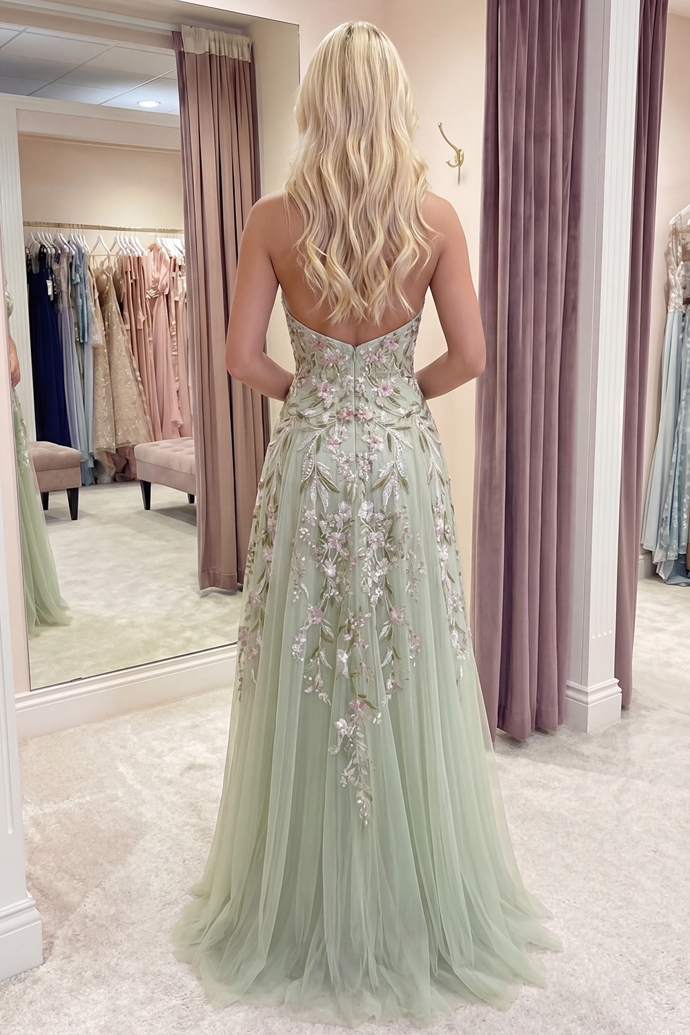 Dusty Sage Long Halter A Line Floral Prom Dress with Slit