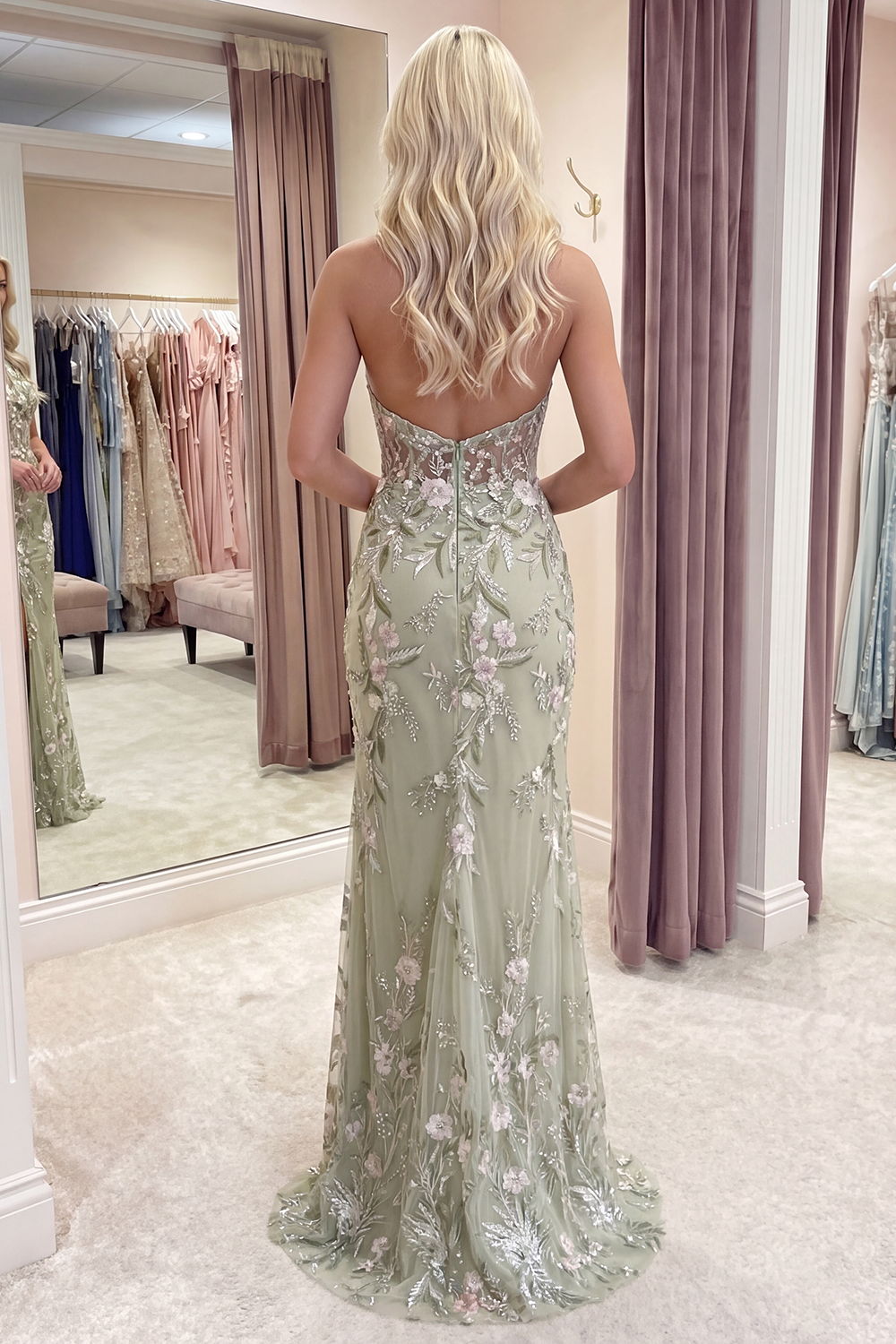 Dusty Sage Floral Sheath Corset Long Halter Ruched Prom Dress with Slit