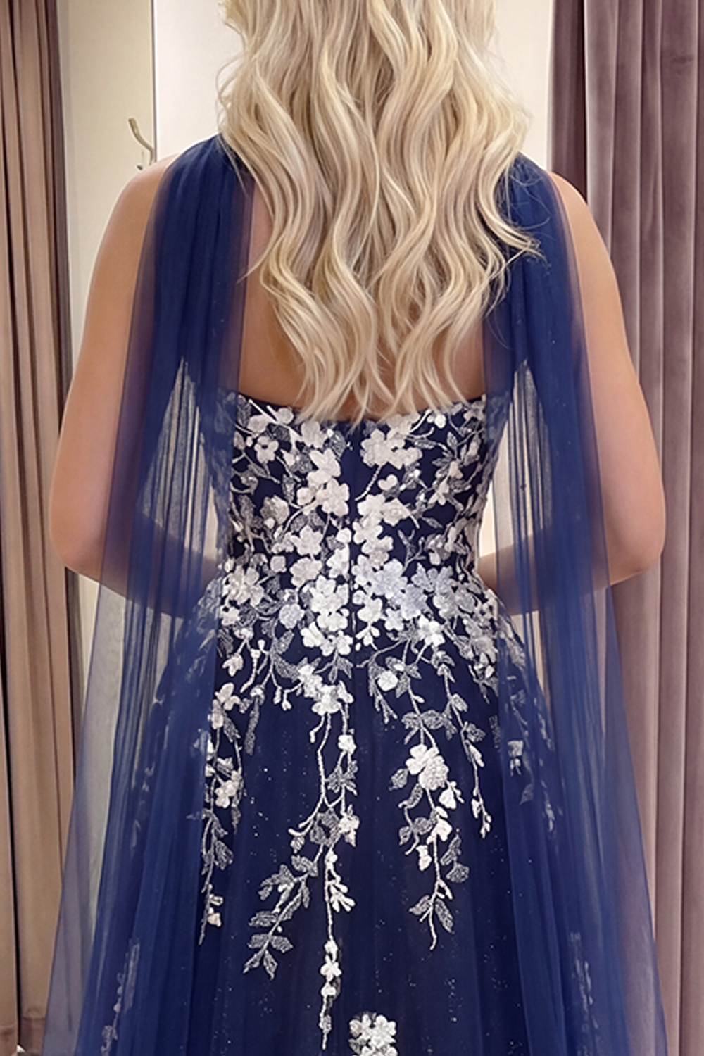 Glitter Navy Long Neck Scarf A Line Floral Prom Dress with Slit