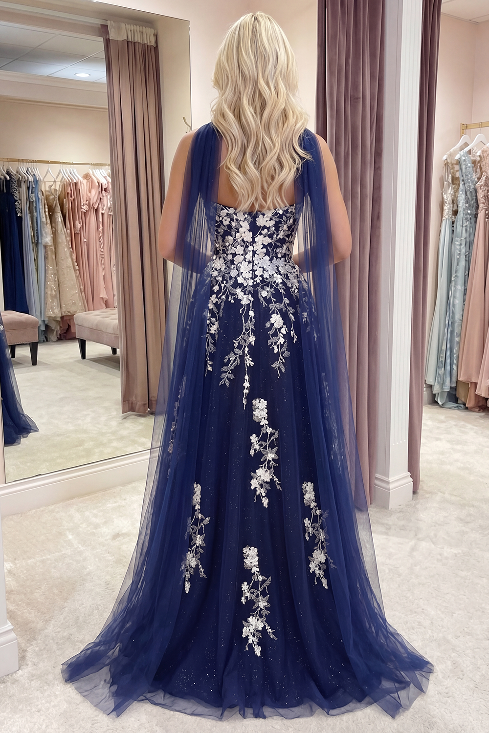 Glitter Navy Long Neck Scarf A Line Floral Prom Dress with Slit