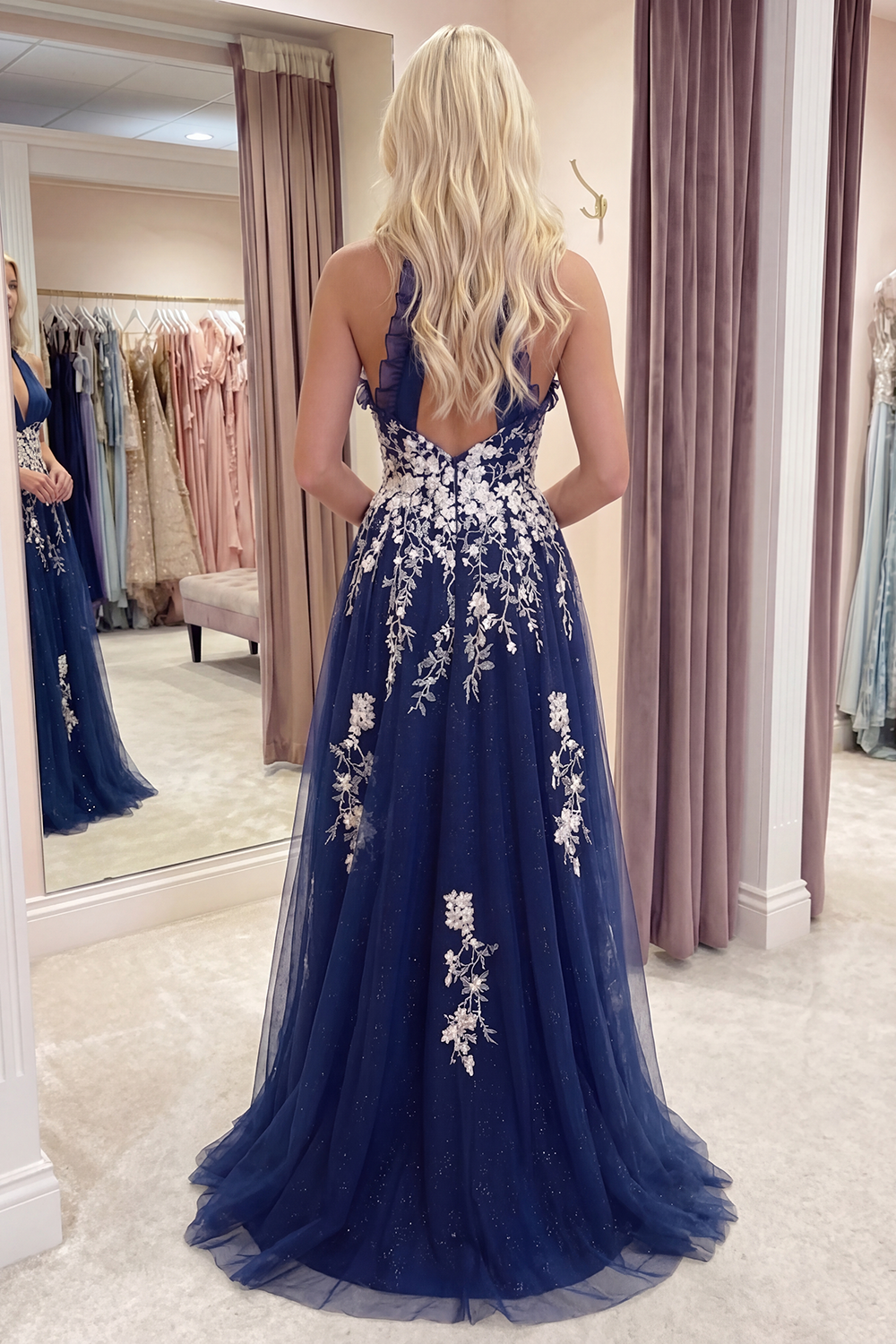 Glitter Navy Long Halter Ruched A Line Floral Prom Dress with Ruffles