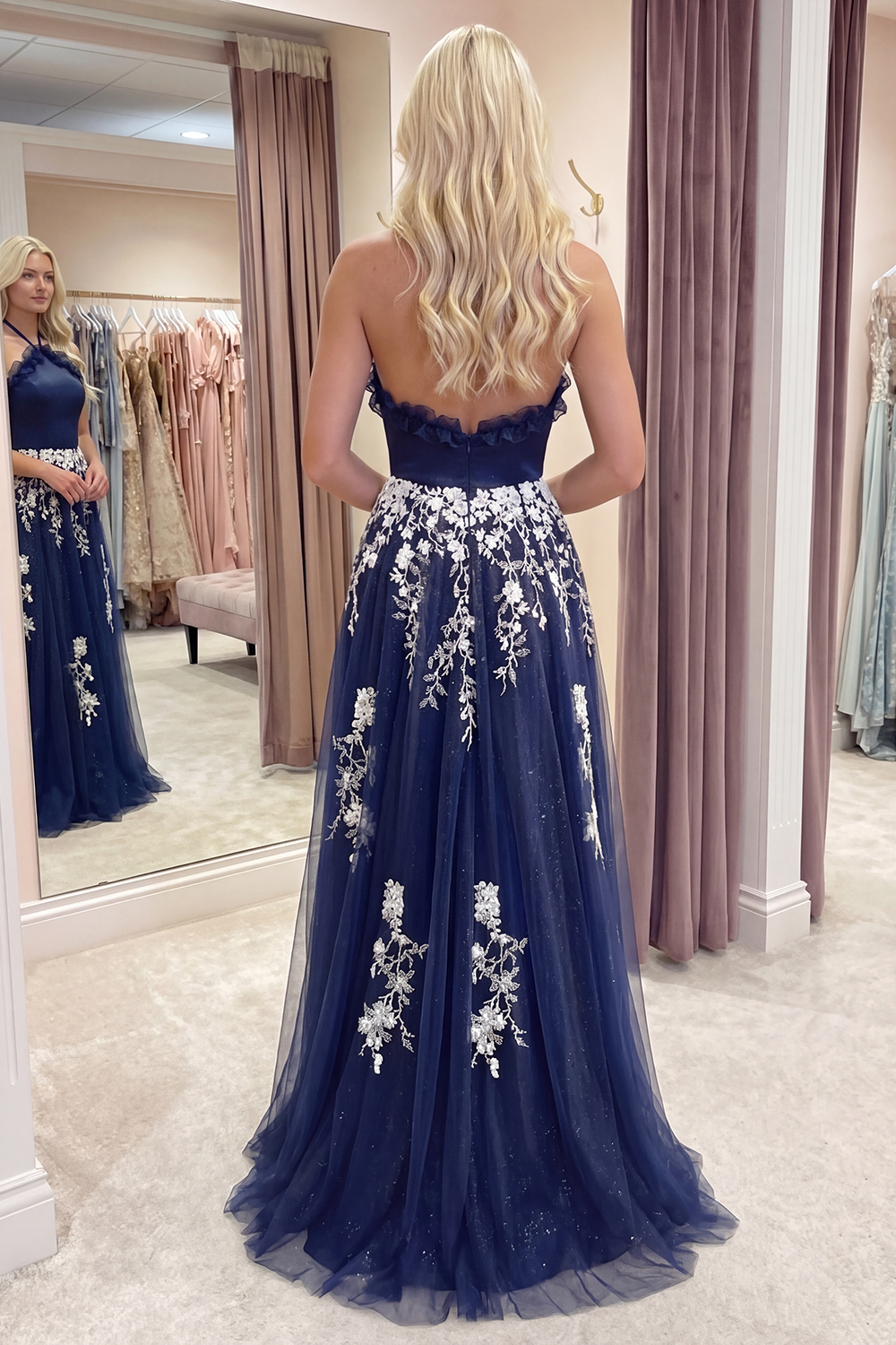Glitter Halter A Line Floral Navy Ruffled Long Prom Dress with Slit