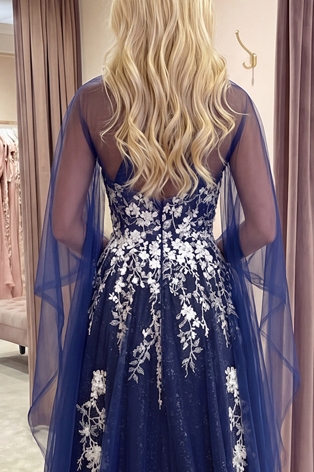 Glitter Navy Floral Halter A Line Long Prom Dress with Shawl
