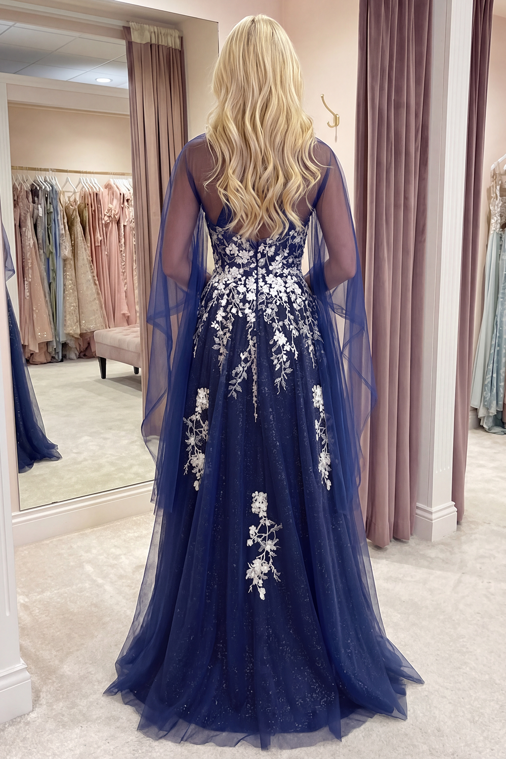 Glitter Navy Floral Halter A Line Long Prom Dress with Shawl