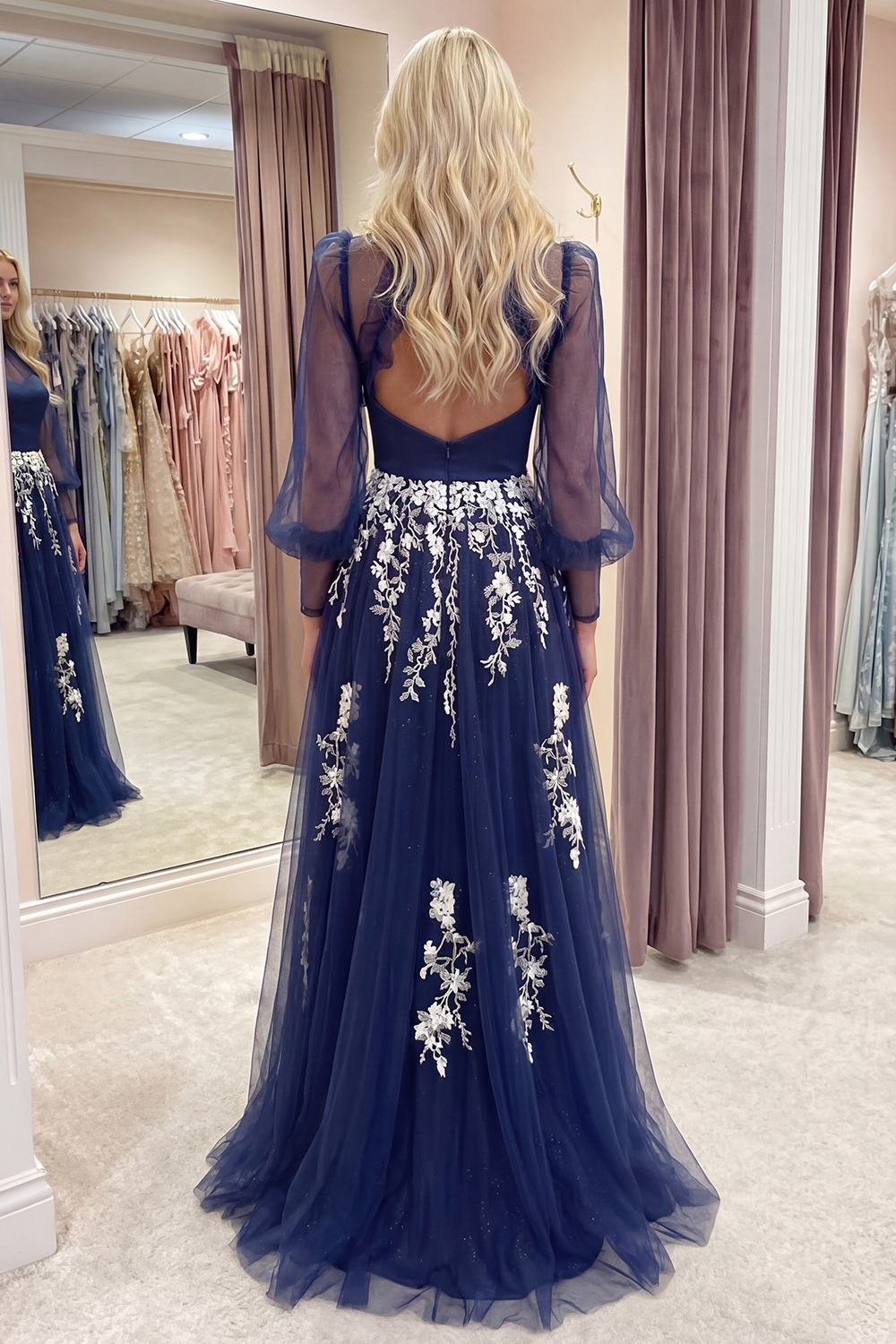 Glitter Navy 3/4 Sleeves A Line Floral Ruffled Long Prom Dress with Slit