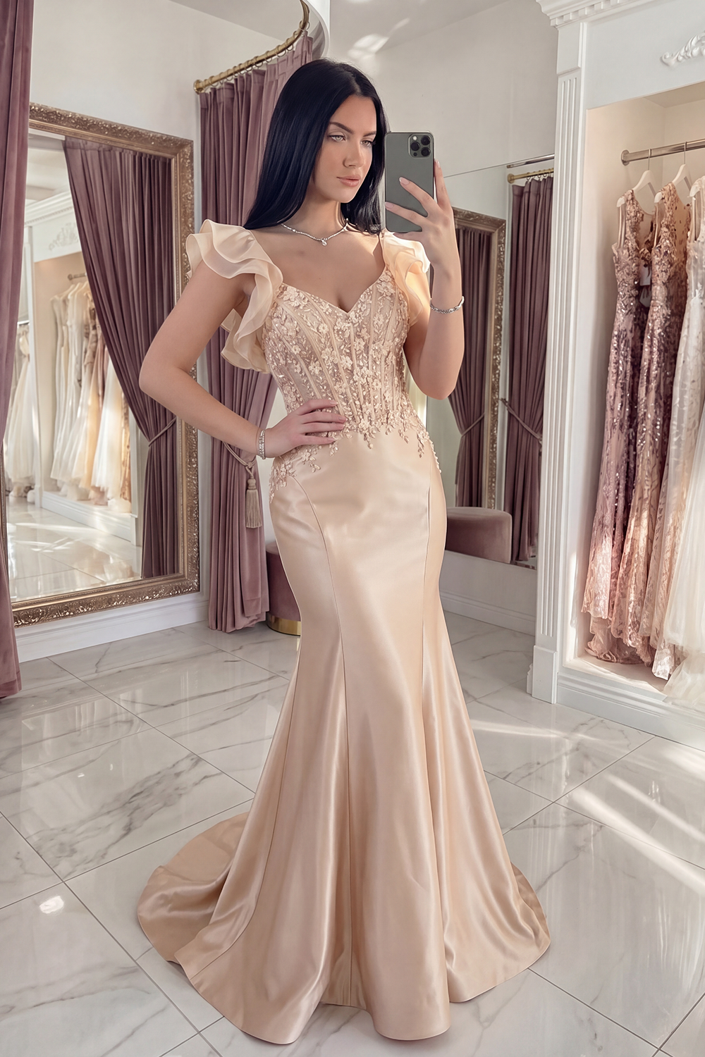 Sparkly Blush Mermaid Corset V-Neck Floral Long Prom Dress with Ruffles