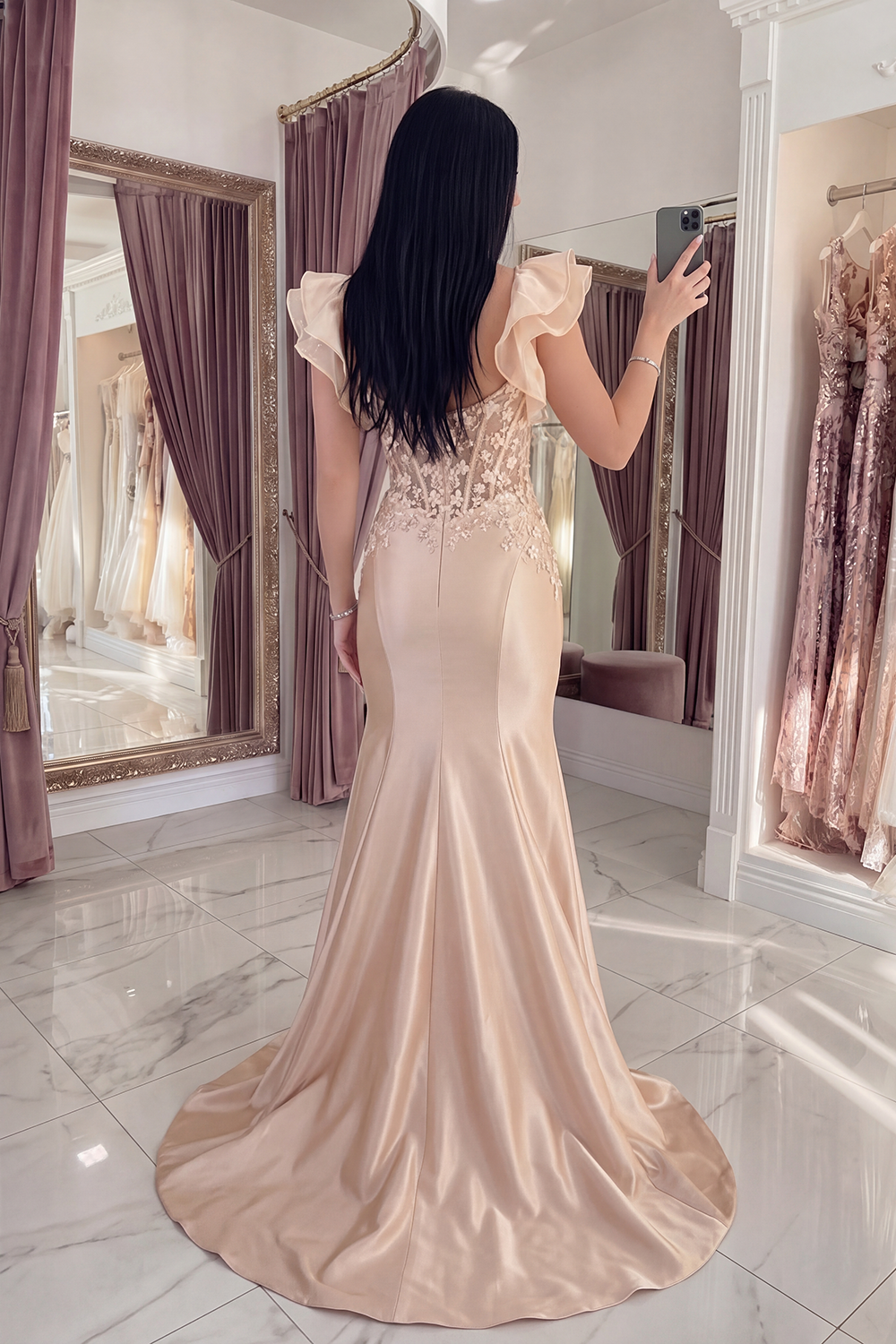 Sparkly Blush Mermaid Corset V-Neck Floral Long Prom Dress with Ruffles