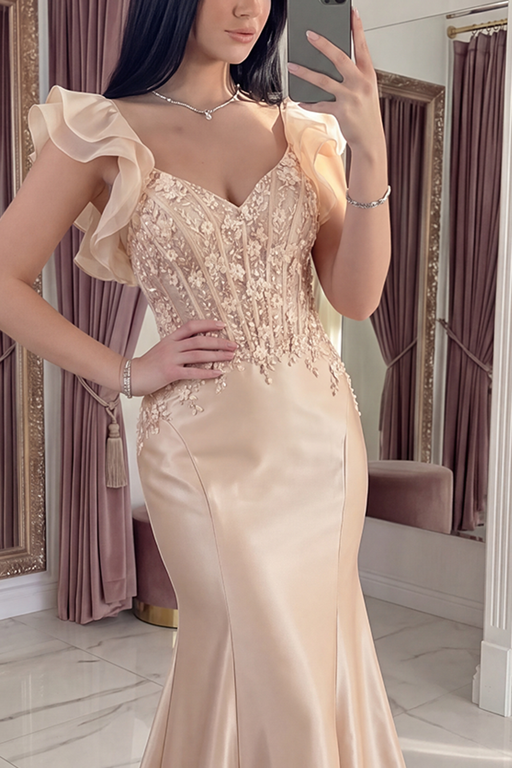 Sparkly Blush Mermaid Corset V-Neck Floral Long Prom Dress with Ruffles