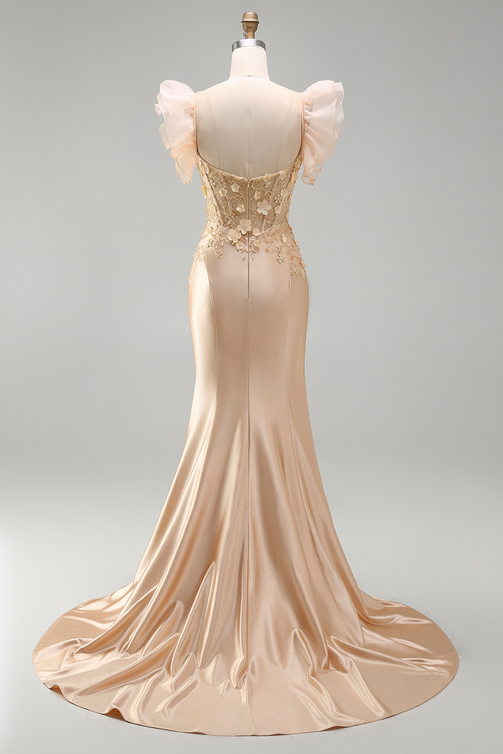 Sparkly Blush Mermaid Corset V-Neck Floral Long Prom Dress with Ruffles