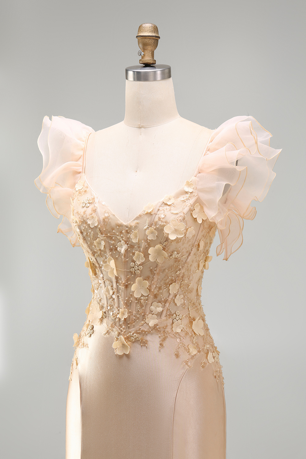 Sparkly Blush Mermaid Corset V-Neck Floral Long Prom Dress with Ruffles